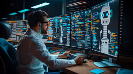 a data scientist programming and training an ai chatbot, with code and algorithms displayed on multi