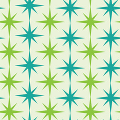 Wall Mural - Mid Century Modern Atomic starbursts seamless pattern in Lime green and teal over light background. For home decor, textile and wallpaper.