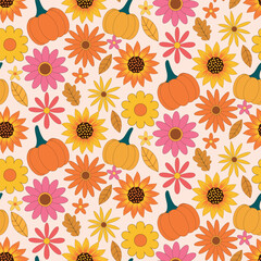 Wall Mural - Cute pumpkins with sunflowers , retro flowers and leaves seamless pattern. For Thanksgiving background, fabric and textile.