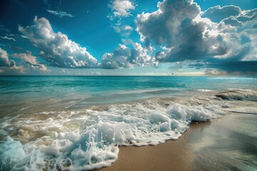 a sandy beach with waves coming in to shore