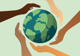 Diverse Hands Holding Earth Illustration - Unity, Diversity, Global Cooperation Concept