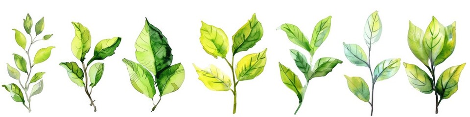 Leaves Watercolor Set. Hand-Painted Floral Illustration of Green Leaves and Foliage on White Background