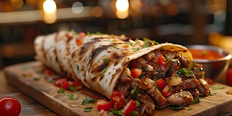 Poster - Delicious Grilled Meat Burrito with Fresh Vegetables on a Wooden Cutting Board - Food Photography