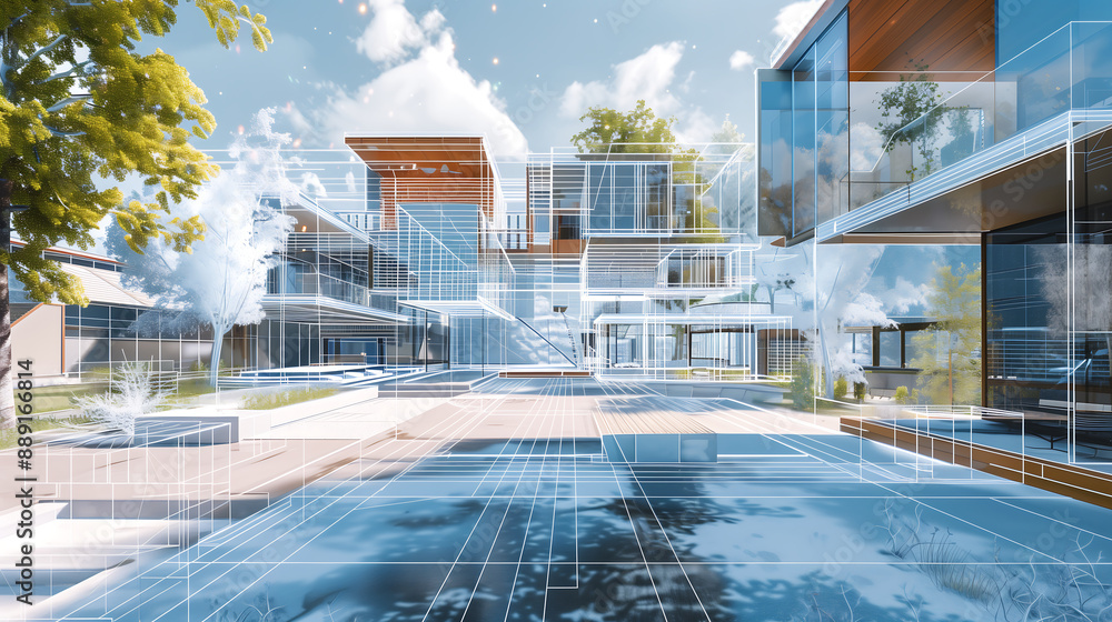 modern architectural design blending real structures with digital ...