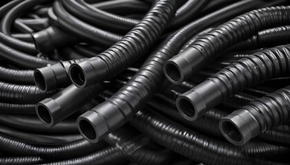 Hose end fittings, highlighting the texture and form of multiple black industrial hoses for a factory or workshop setting