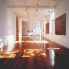 Wall Mural - minimalist gallery space with dramatic chiaroscuro lighting casting long shadows across a polished wooden floor and stark white walls