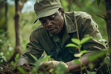 Generative AI illustration of focused black male in green uniform with hat planting green trees while working in forest wood with green vegetation