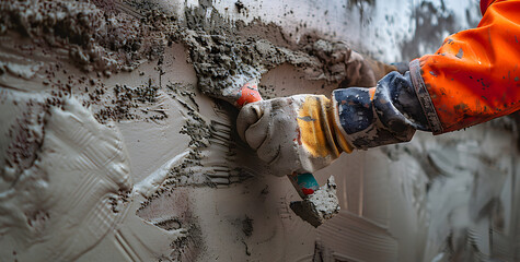 Wall Mural - hand of worker plastering cement at wall for building house