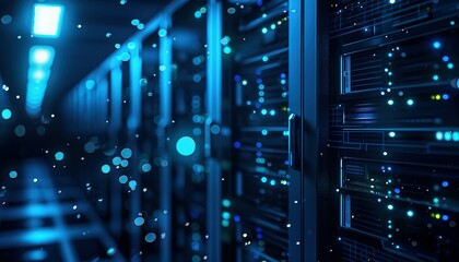 Glowing lights in a futuristic server room with dark blue background