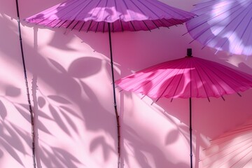 Sticker - Pink umbrellas casting soft shadows on pastel wall vibrant summer scene playful and bright artistic display sunny day serene atmosphere tropical vibes