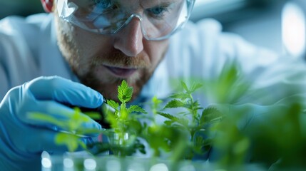 scientist wearing blue gloves analyzes plant samples in a modern laboratory, indicative of scientifi