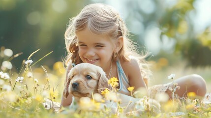 Wall Mural - A little girl with long blonde hair smiles as she sits in a field of yellow flowers and holds a golden puppy.