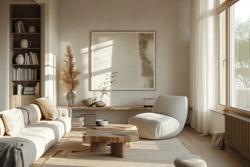 Wall Mural - Living Room with Neutral Tones and Simple Coffee Table: A minimalist living room mockup with neutral tones and a simple coffee table.