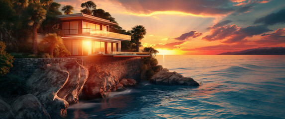 Wall Mural - Luxury villa on a beautiful ocean island, sunset