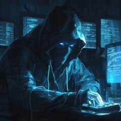 Wall Mural - mysterious hacker in dark hoodie face obscured by shadow working intently on multiple screens displaying code eerie blue glow illuminating fingertips