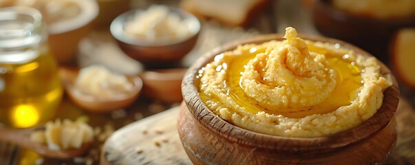 Wall Mural - Closeup of Creamy Hummus with Olive Oil in Wooden Bowl - Food Photography