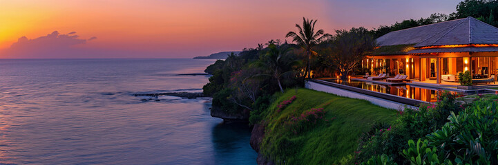 Wall Mural - Luxury villa on a beautiful ocean island, sunset