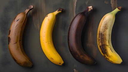 Wall Mural - a sequence of four bananas, each transitioning seamlessly from fresh yellow to dark brown, diffrente bananas