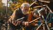 © Laura - Grandfather and grandchild fixing a bike, practical and cooperative, upper third copy space