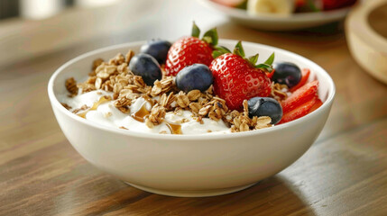 Wall Mural - Bowl of yogurt with granola, fresh strawberries, and blueberries on wooden table