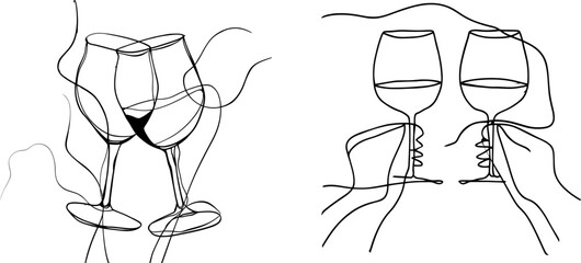 The cheering glasses of wine one line drawing. Continuous line art of two glasses with Ukraine colors for a logo.