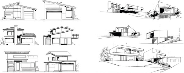 set of one line houses. modern illustration of vacation homes, suburban areas, and a hand drawn hous