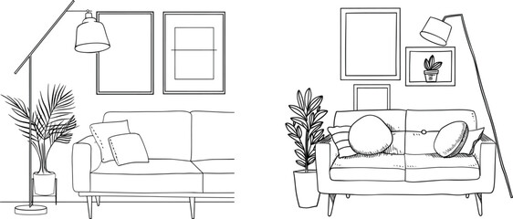 one line drawing of a living room with modern furniture editable stroke. single line.