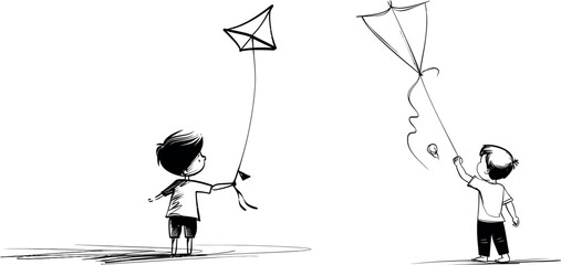 One line continuous drawing of young boy playing kites in modern style