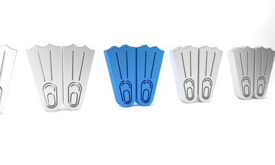 Poster - Blue Rubber flippers for swimming icon isolated on white background. Diving equipment. Extreme sport. Sport equipment. Minimalism concept. 3D render illustration