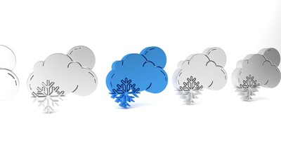 Poster - Blue Cloud with snow and sun icon isolated on white background. Cloud with snowflakes. Single weather icon. Snowing sign. Minimalism concept. 3D render illustration