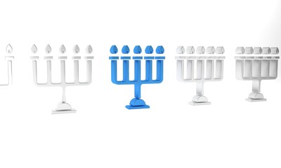 Canvas Print - Blue Hanukkah menorah icon isolated on white background. Hanukkah traditional symbol. Holiday religion, jewish festival of Lights. Minimalism concept. 3D render illustration