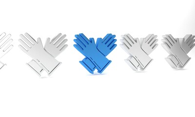 Poster - Blue Rubber gloves icon isolated on white background. Latex hand protection sign. Housework cleaning equipment symbol. Minimalism concept. 3D render illustration