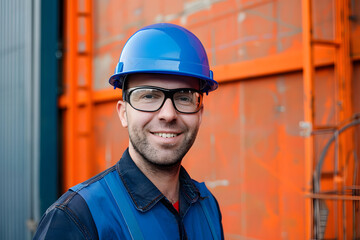 Wall Mural - Positive confident adult male workman in blue protective hardhat and eyeglasses smiling friendly while standing against bright orange wall of workshop