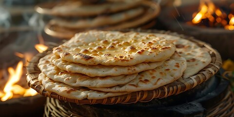 Wall Mural - Freshly Baked Naan Bread in a Basket Photo