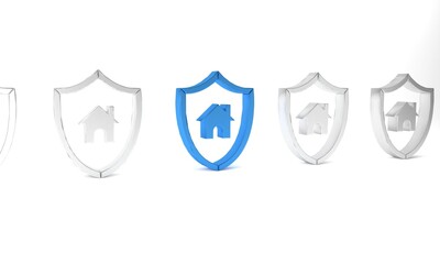 Sticker - Blue House with shield icon isolated on white background. Insurance concept. Security, safety, protection, protect concept. Minimalism concept. 3D render illustration