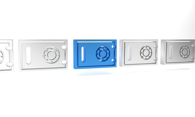 Wall Mural - Blue Safe icon isolated on white background. The door safe a bank vault with a combination lock. Reliable Data Protection. Minimalism concept. 3D render illustration