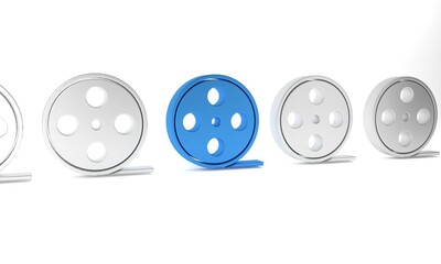 Sticker - Blue Film reel icon isolated on white background. Minimalism concept. 3D render illustration