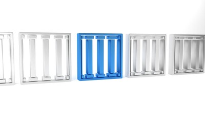 Wall Mural - Blue Prison window icon isolated on white background. Minimalism concept. 3D render illustration