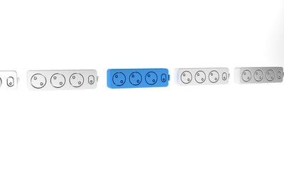 Poster - Blue Electric extension cord icon isolated on white background. Power plug socket. Minimalism concept. 3D render illustration