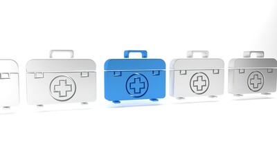 Poster - Blue First aid kit icon isolated on white background. Medical box with cross. Medical equipment for emergency. Healthcare concept. Minimalism concept. 3D render illustration