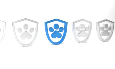 Sticker - Blue Animal health insurance icon isolated on white background. Pet protection icon. Dog or cat paw print. Minimalism concept. 3D render illustration