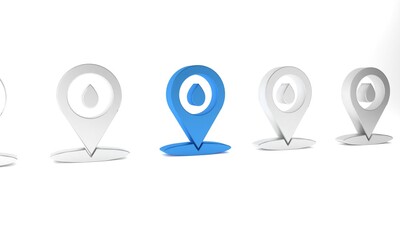 Sticker - Blue Refill petrol fuel location icon isolated on white background. Gas station and map pointer. Minimalism concept. 3D render illustration