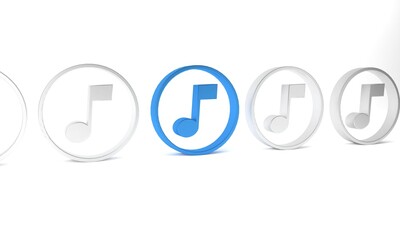 Sticker - Blue Music note, tone icon isolated on white background. Minimalism concept. 3D render illustration