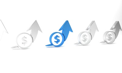 Sticker - Blue Financial growth and coin icon isolated on white background. Increasing revenue. Minimalism concept. 3D render illustration