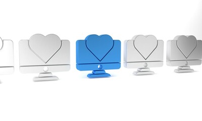 Canvas Print - Blue Computer monitor with heart icon isolated on white background. Valentines day. Minimalism concept. 3D render illustration