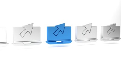 Sticker - Blue Laptop and cursor icon isolated on white background. Computer notebook with empty screen sign. Minimalism concept. 3D render illustration