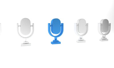 Wall Mural - Blue Microphone icon isolated on white background. On air radio mic microphone. Speaker sign. Minimalism concept. 3D render illustration