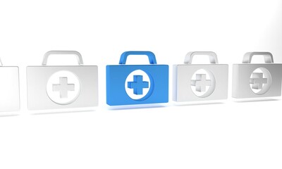 Wall Mural - Blue First aid kit icon isolated on white background. Medical box with cross. Medical equipment for emergency. Healthcare concept. Minimalism concept. 3D render illustration