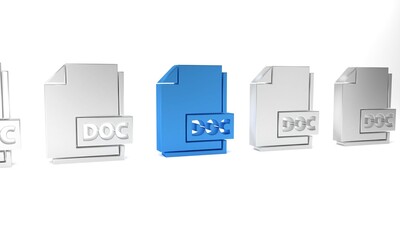 Sticker - Blue DOC file document. Download doc button icon isolated on white background. DOC file extension symbol. Minimalism concept. 3D render illustration