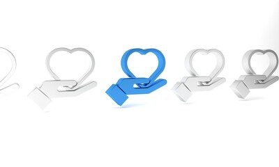 Canvas Print - Blue Heart on hand icon isolated on white background. Hand giving love symbol. Valentines day symbol. Minimalism concept. 3D render illustration